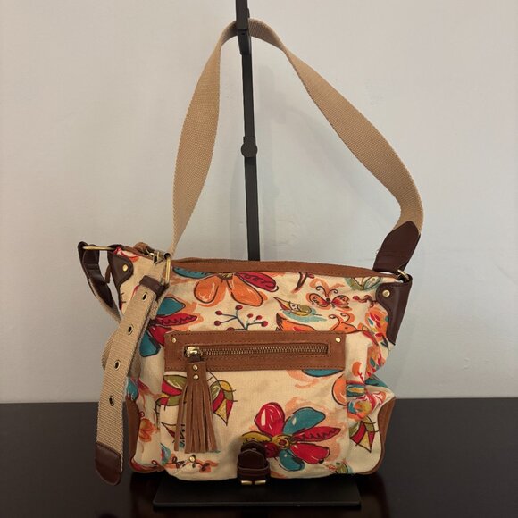 Lucky Brand Flowers and Butterfly Patterned Canvas Brown Suede Shoulder Bag - Picture 6 of 13